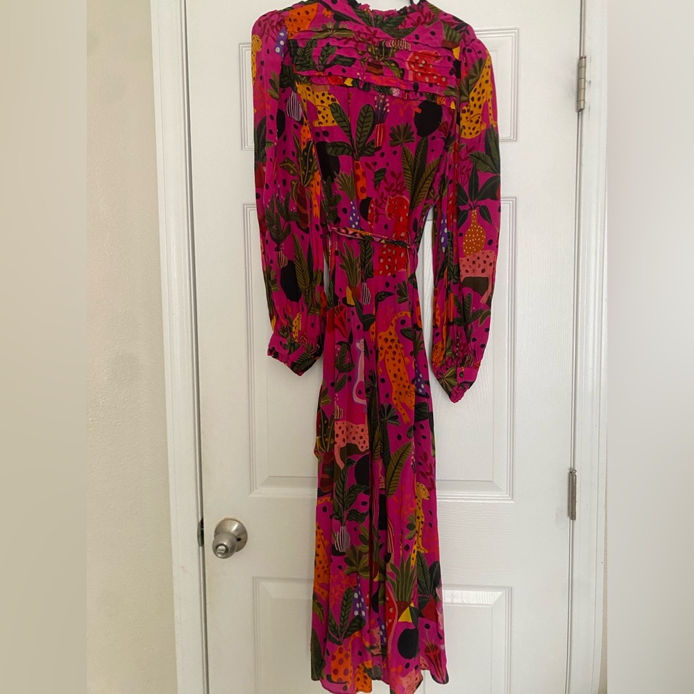 FARM RIO Pop Leopards Long Sleeves Dress Pink Viscose Sz M - Picture 12 of 16